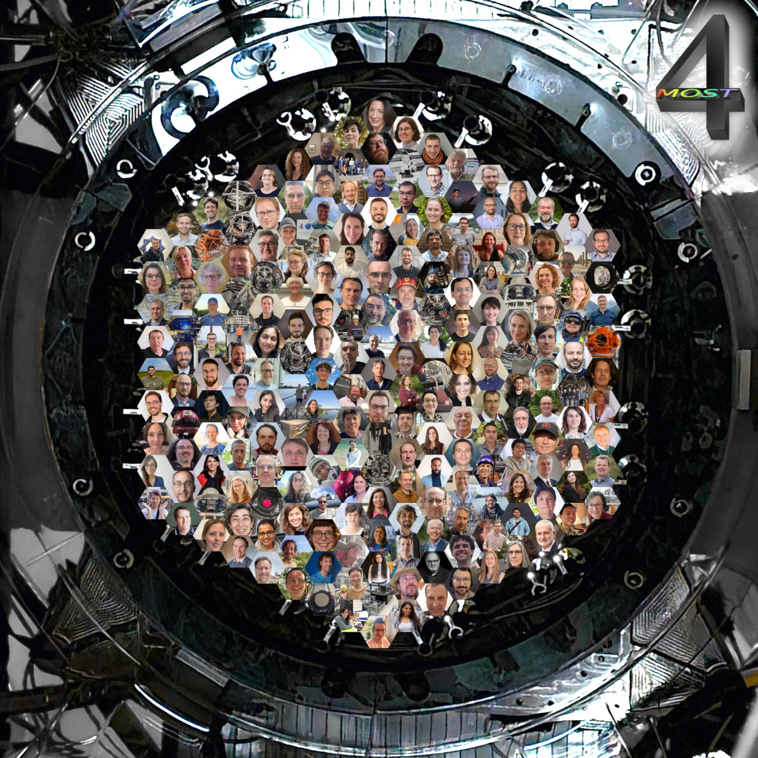 Image of the 4MOST instrument, with hexagonal portraits of consortium members positioned where the fibres are on the instrument.