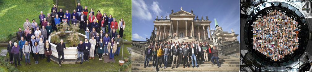 (Left: Group picture of participants of the 2025 Science Team meeting. Middle: Group picture of participants of the 2019 All Hands meeting. Right: Images of individual people arranged in hexagons on top of the 4MOST fibres.